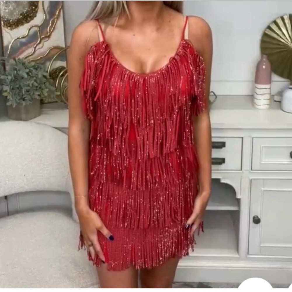 Rhinestone Fringe Faux Leather Dress